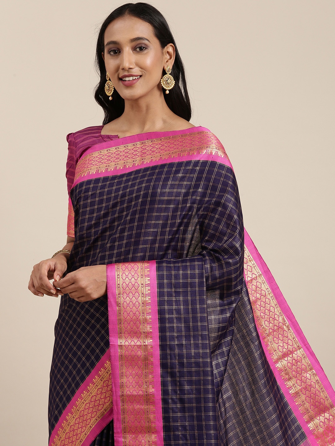 

SIRIL Navy Blue & Pink Checked Banarasi Saree
