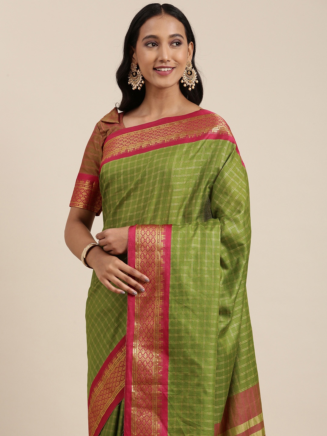 

SIRIL Olive Green & Magenta Checked Banarasi Saree