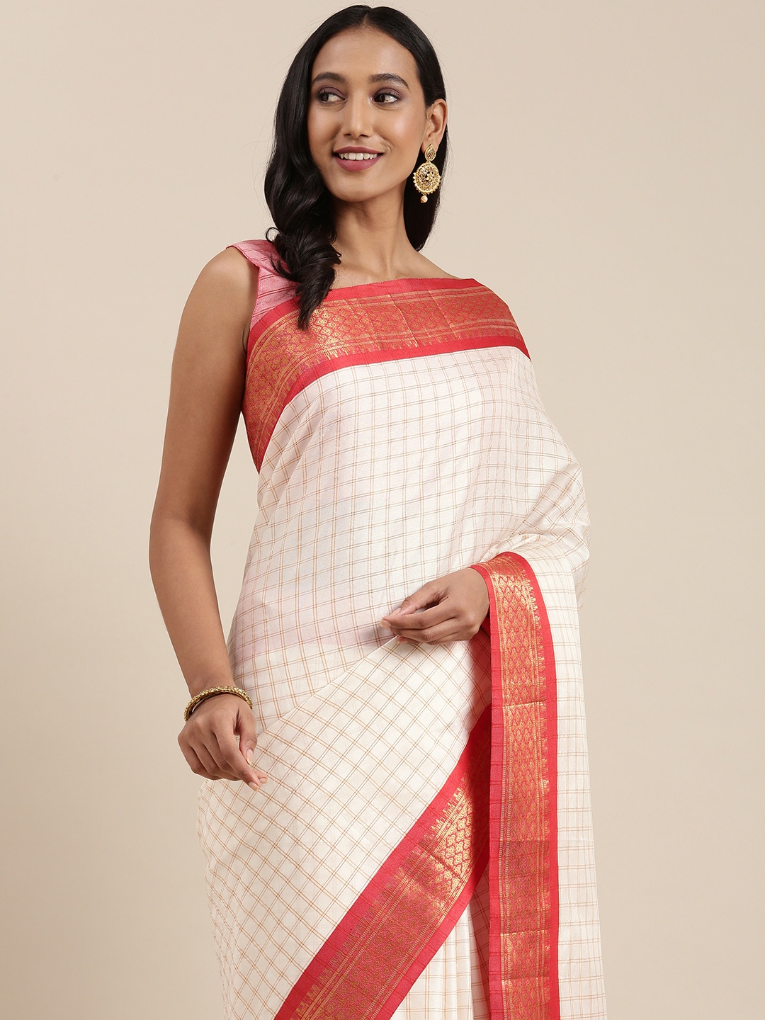 

SIRIL Off White & Red Checked Banarasi Saree