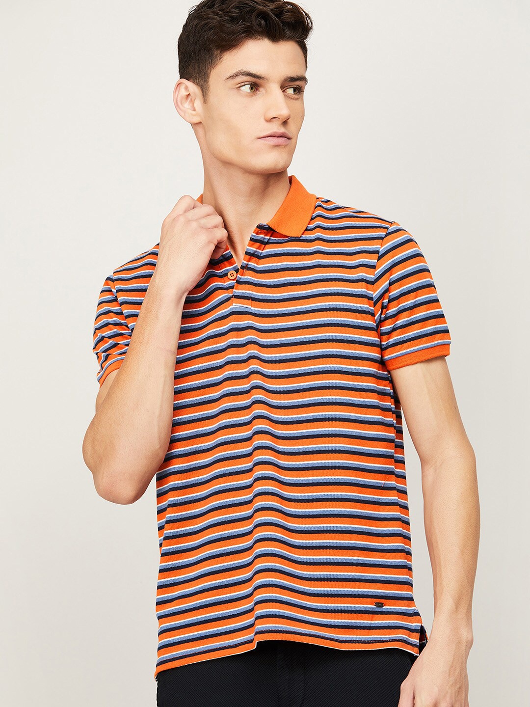 

CODE by Lifestyle Men Blue & Orange Striped Polo Collar T-shirt