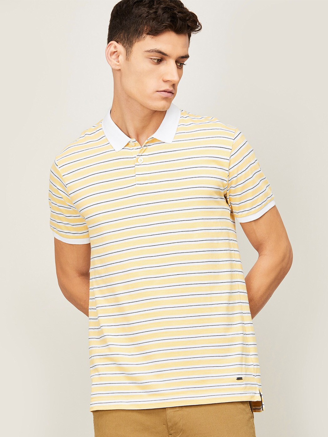 

CODE by Lifestyle Men White & Yellow Striped Polo Collar Cotton T-shirt