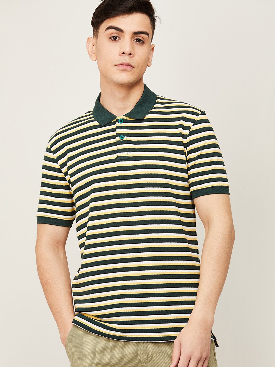 

CODE by Lifestyle Men Green & Yellow Striped Polo Collar T-shirt