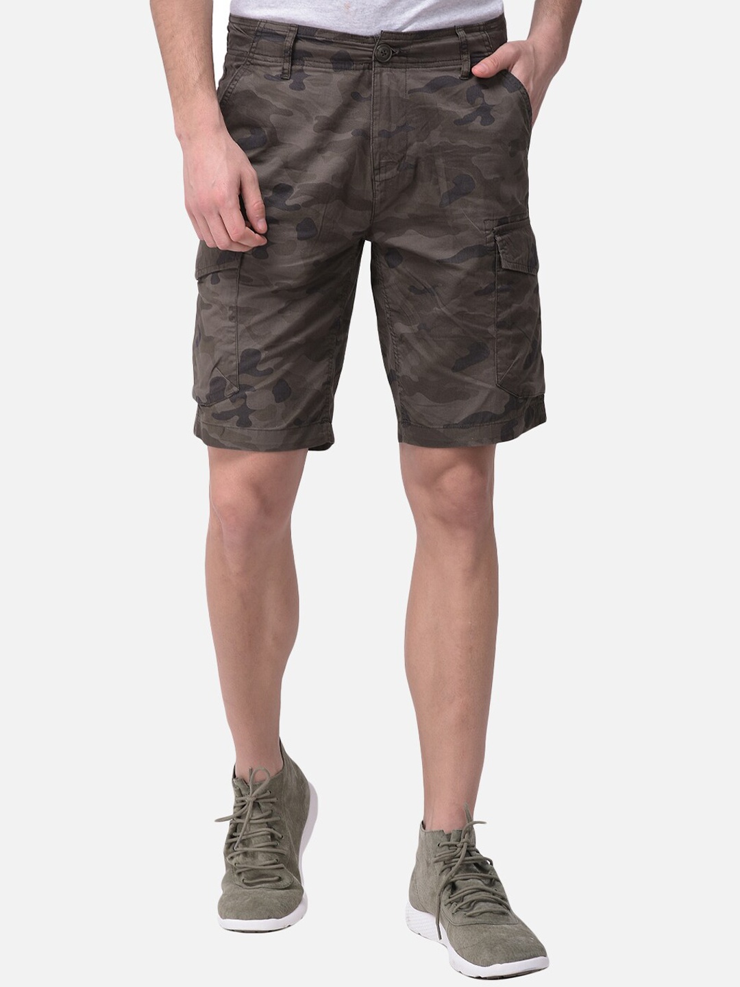 

Woodland Men Brown & Olive Green Camouflage Printed Cotton Cargo Shorts