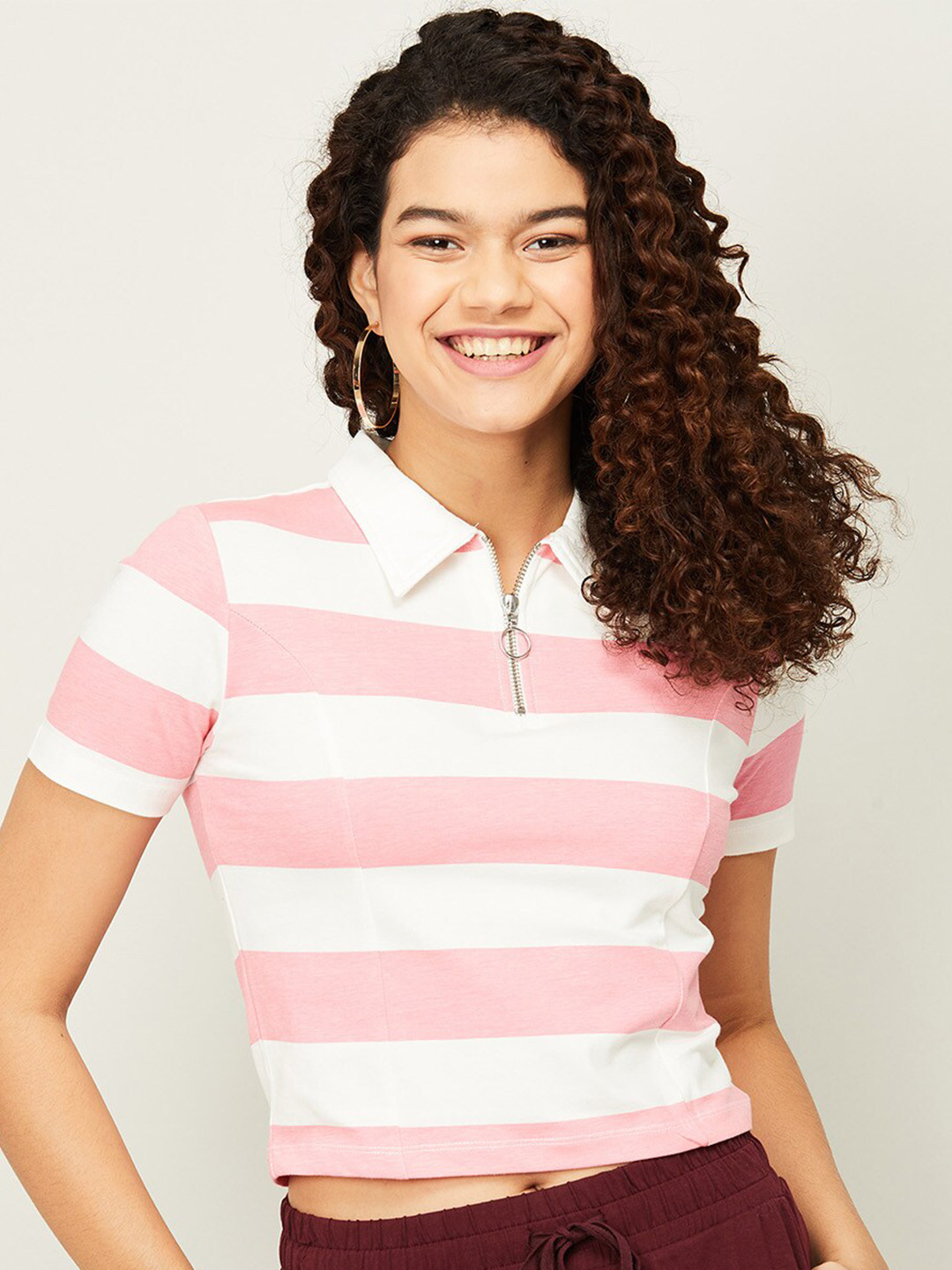 

Ginger by Lifestyle Women Pink & White Striped Shirt Style Crop Top