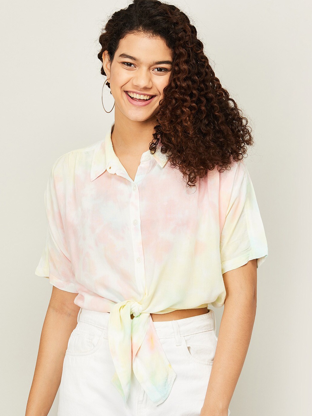 

Ginger by Lifestyle Pink Tie and Dye Print Extended Sleeves Shirt Style Crop Top