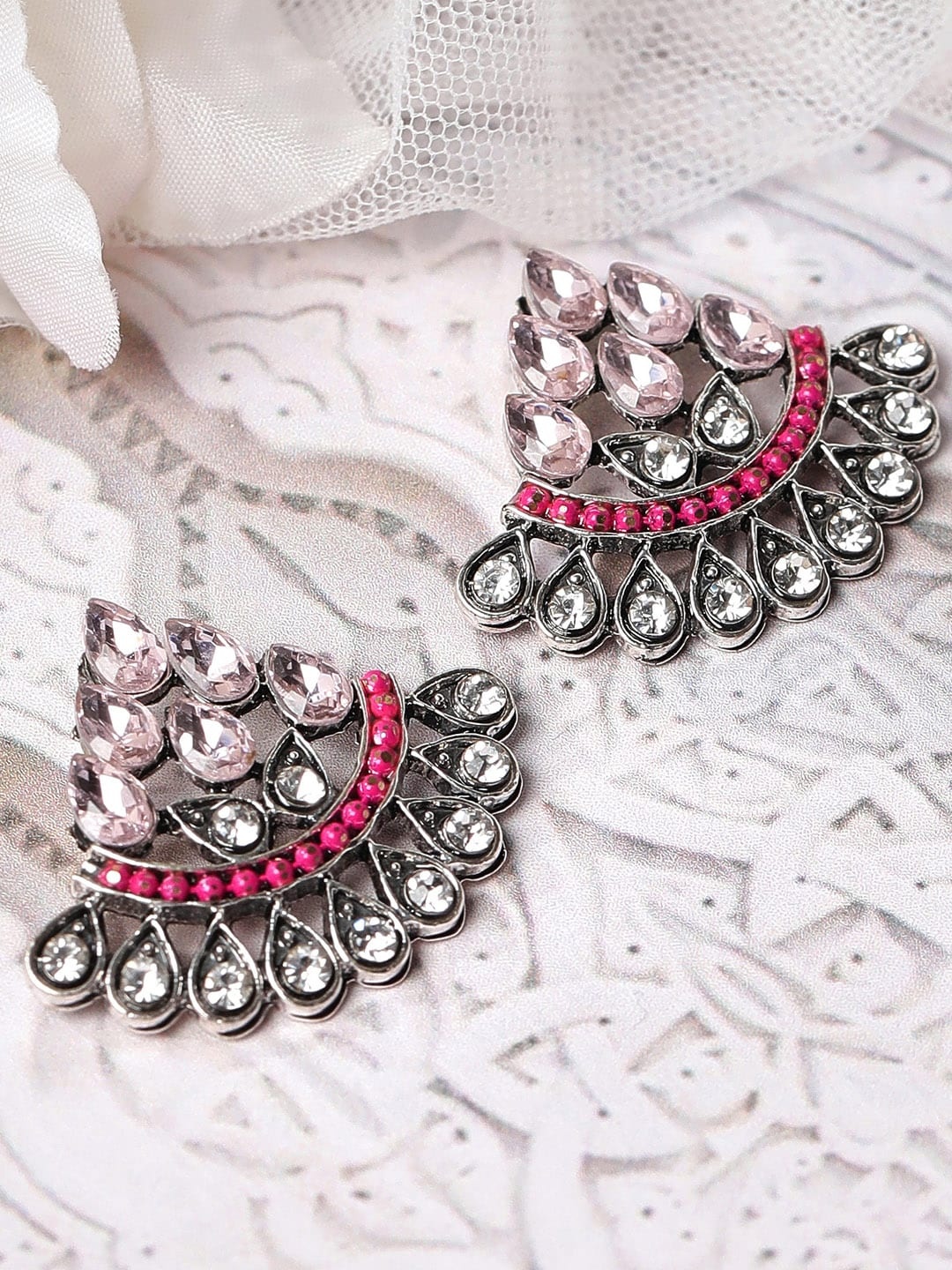 

Rubans Silver-Toned & Pink Geometric Studs