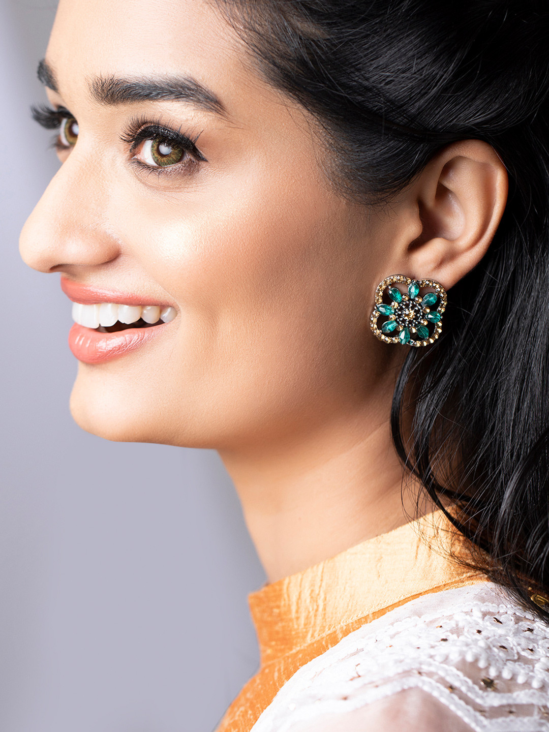 

Rubans Silver-Toned Orange & Blue Floral Stud Earrings