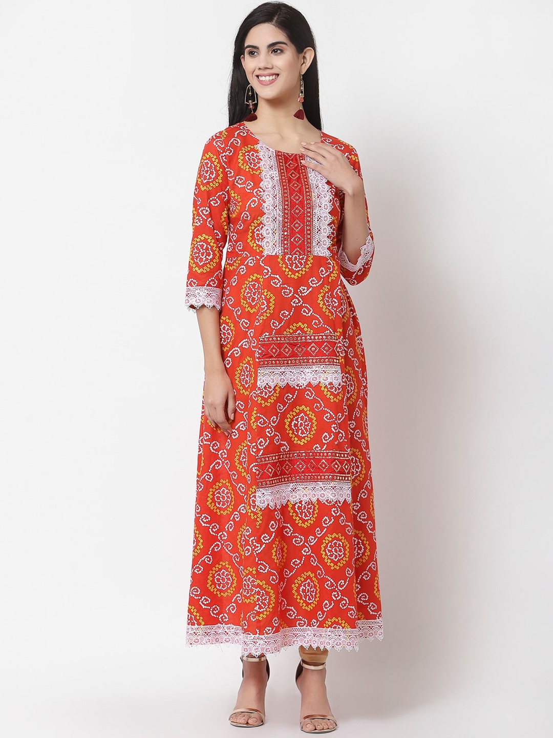 

Myshka Women Red & Yellow Bandhani Printed Pure Cotton A-line Kurta