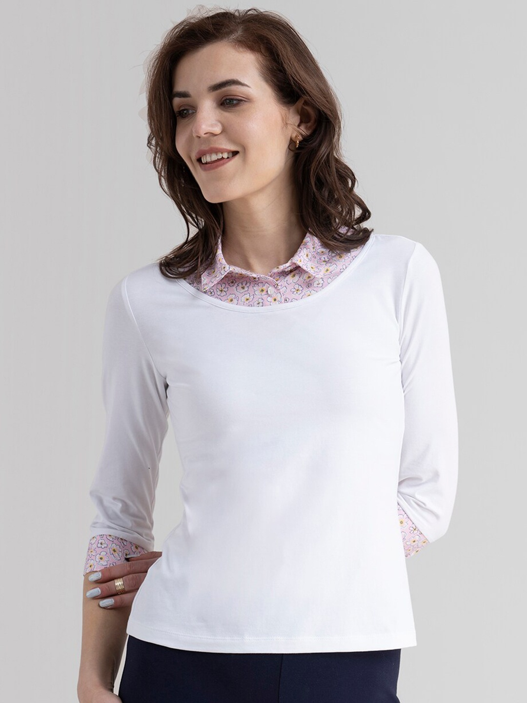 

FableStreet Women White Solid Shirt Collar Pure Cotton Top