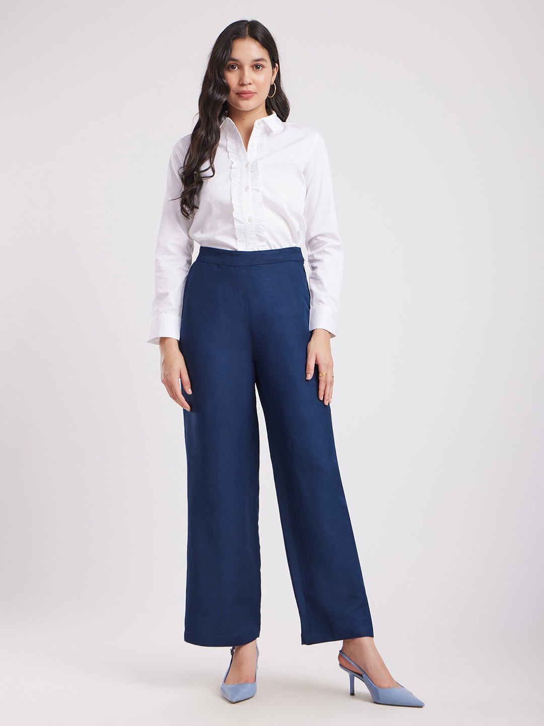 

FableStreet Women Navy Blue Comfort Loose Fit Formal Parallel Trousers