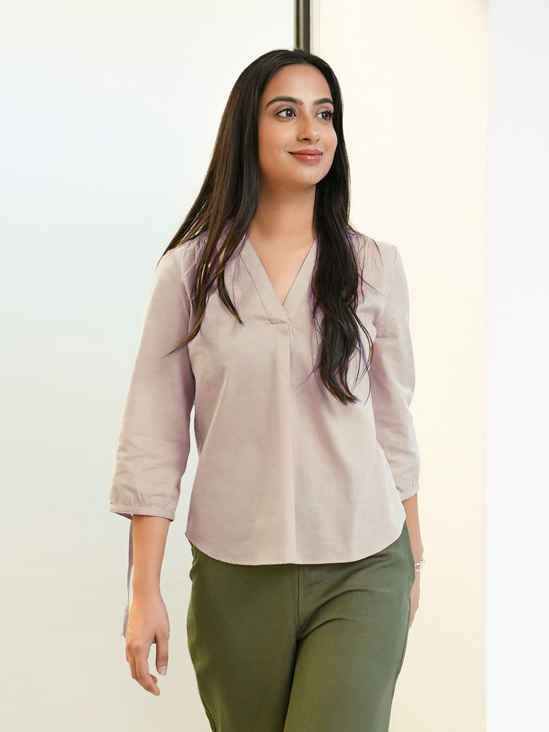 

FableStreet Beige Linen Tie Up Sleeve Top