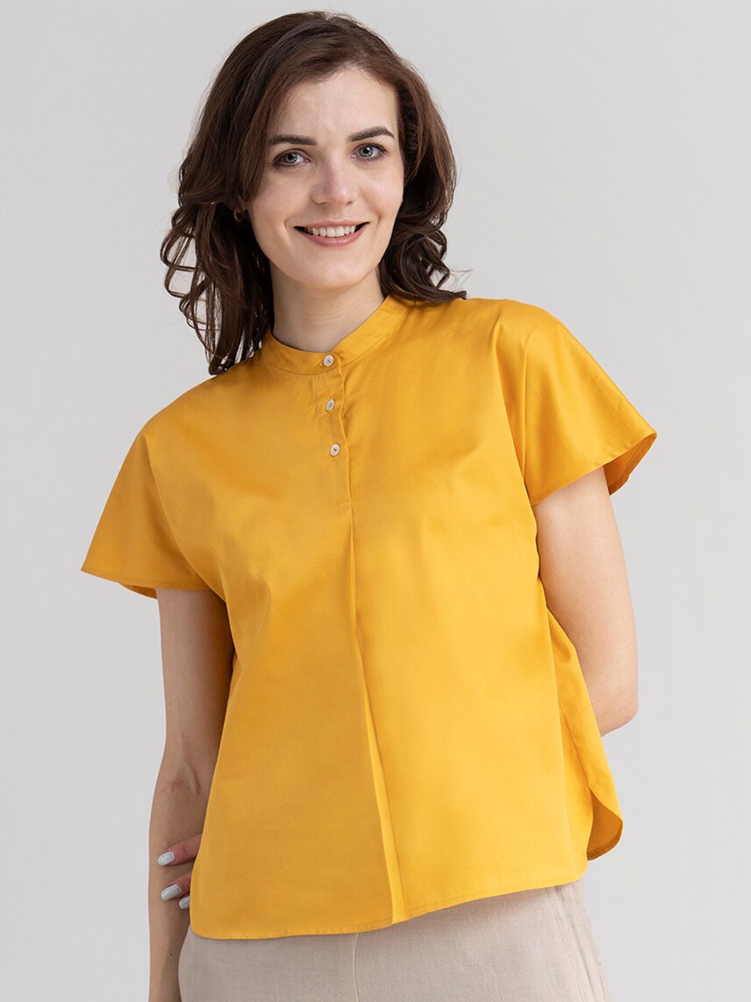 

FableStreet Mustard Yellow Mandarin Collar Shirt Style Cotton Top
