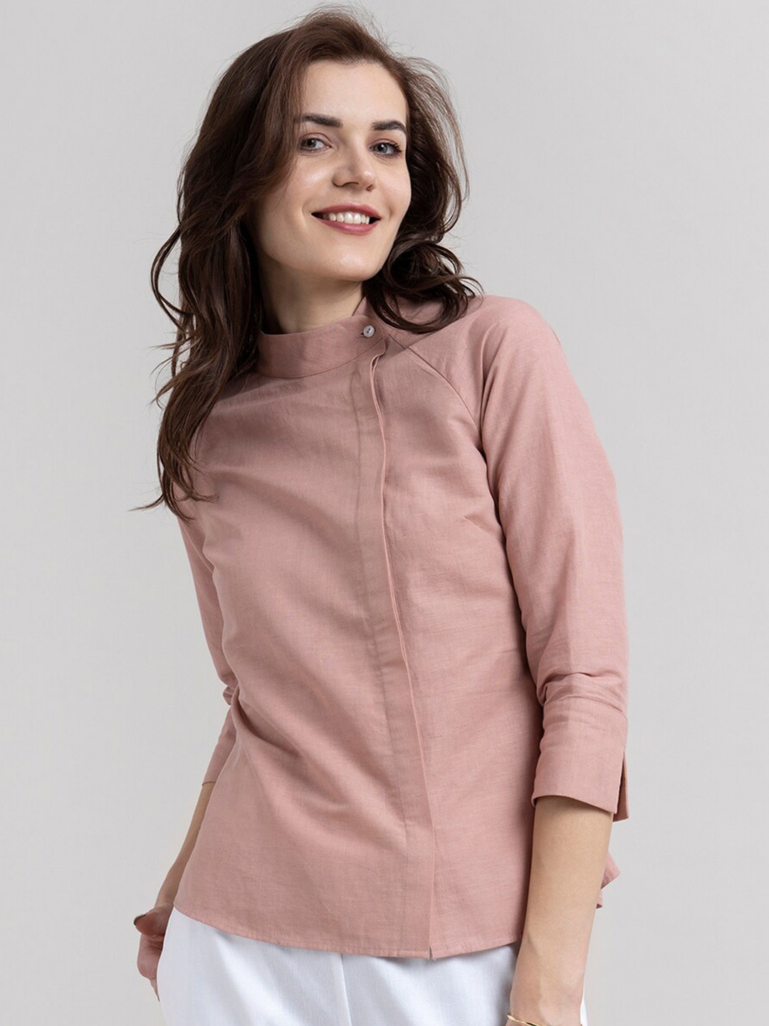 

FableStreet Dusty Pink Mandarin Collar Pure Cotton Shirt Style Top