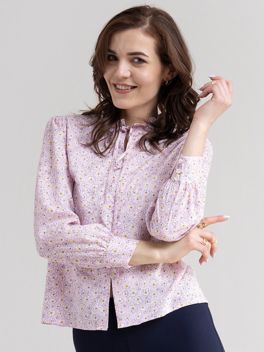 

FableStreet Pink & Yellow Floral Print Tie-Up Neck Shirt Style Top