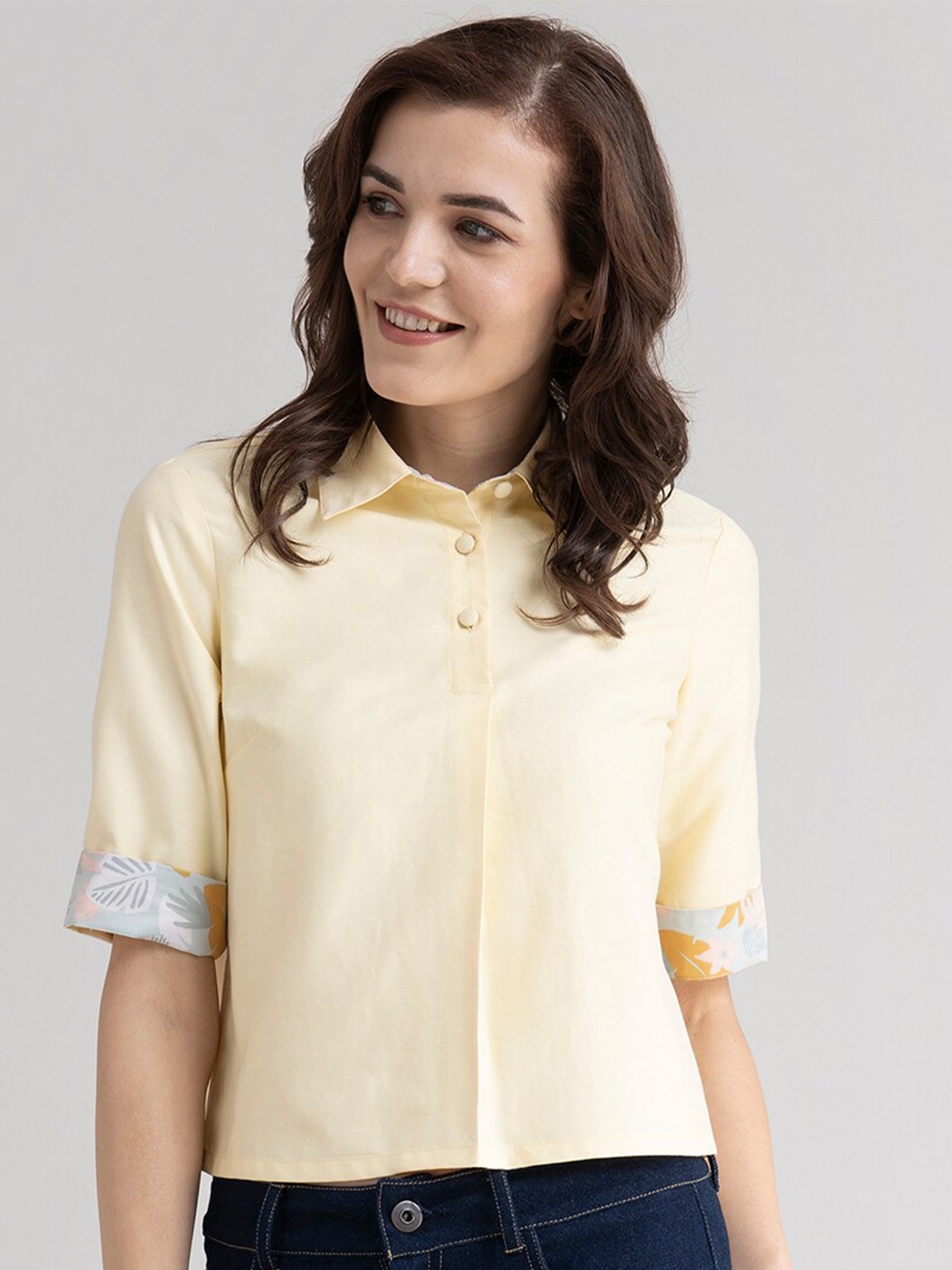 

FableStreet Yellow Shirt Style Pure Cotton Crop Top