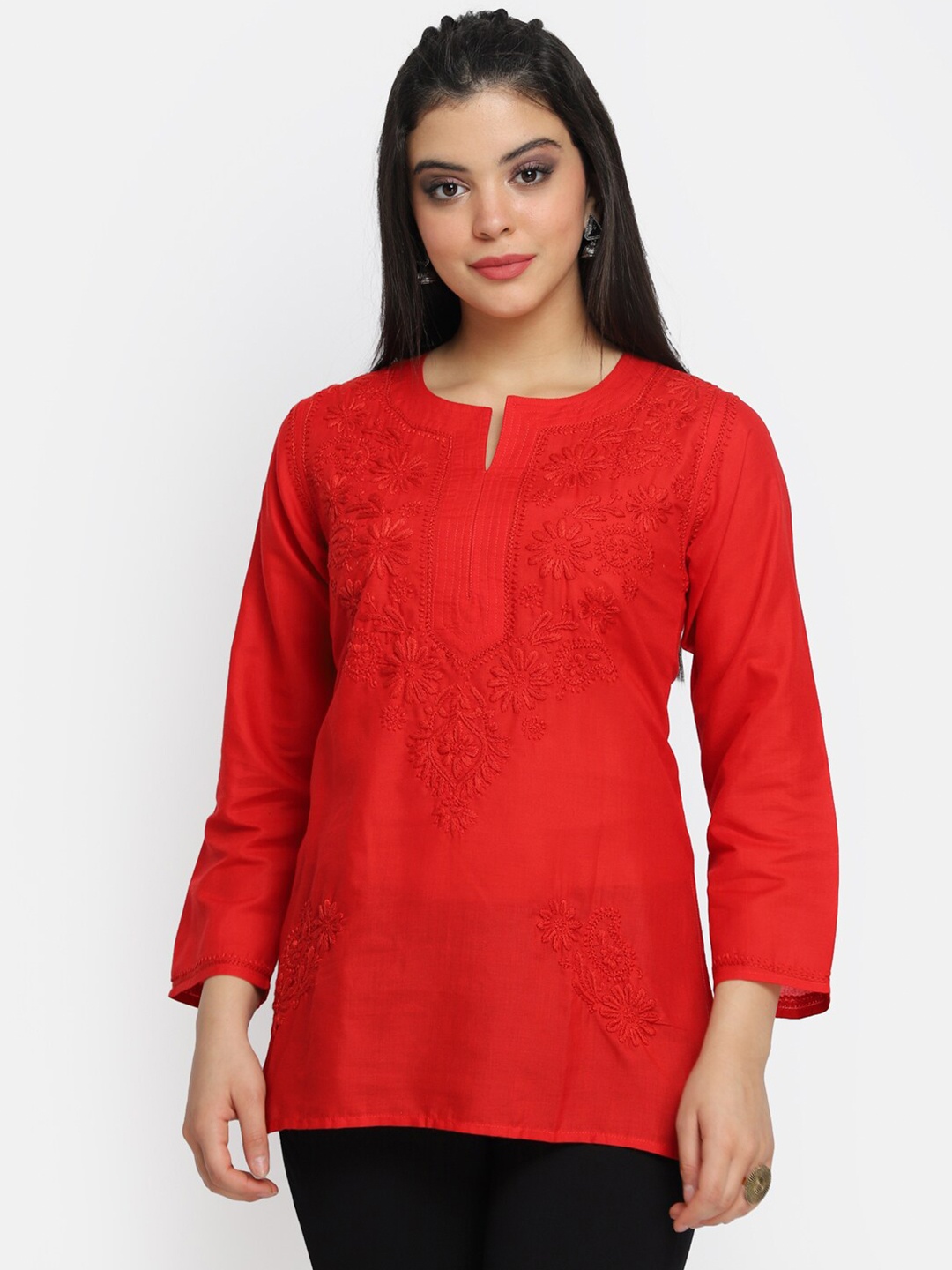 

PARAMOUNT CHIKAN Red Ethnic Motifs Embroidered Chikankari Kurti