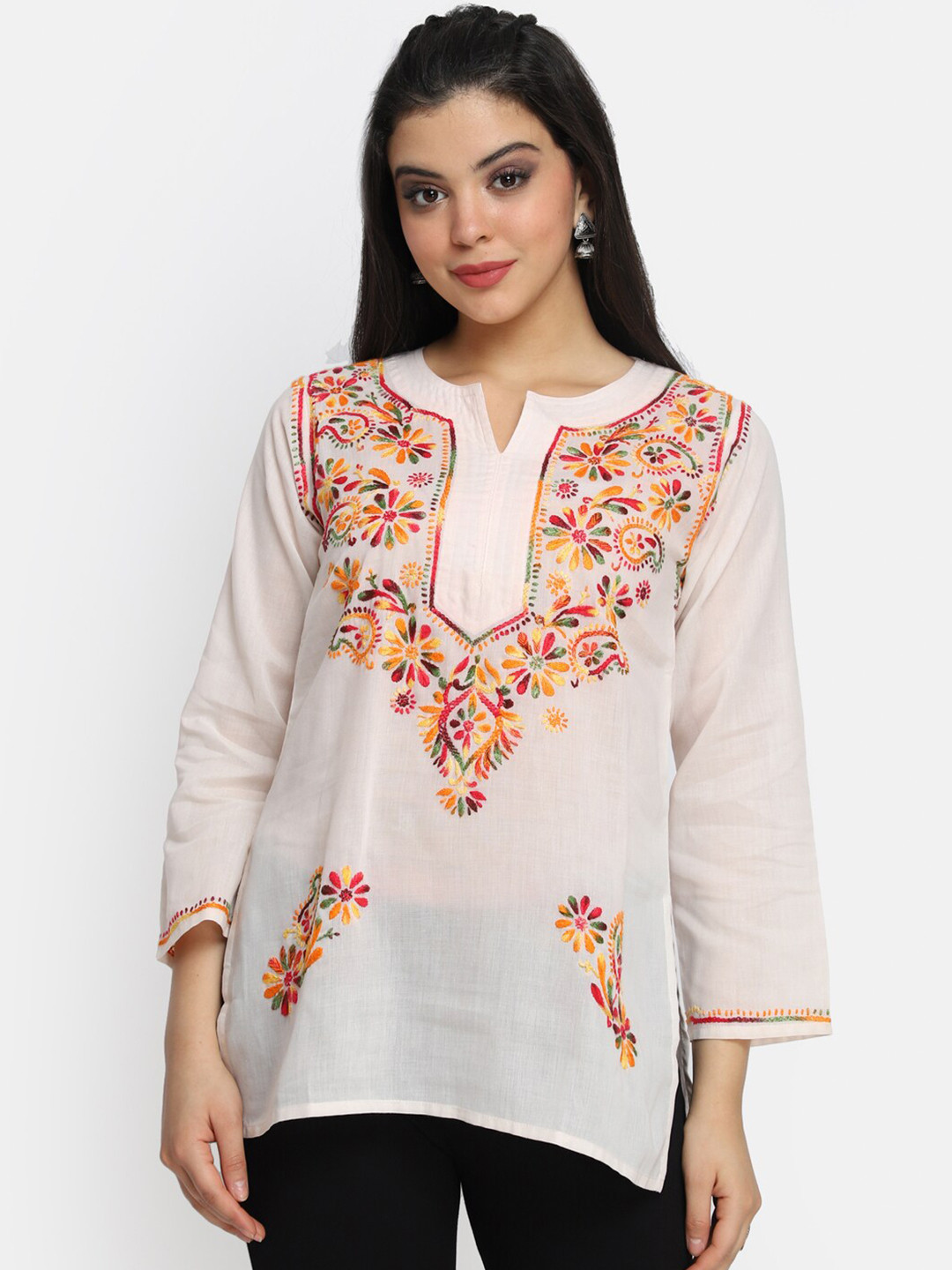 

PARAMOUNT CHIKAN White & Yellow Ethnic Motifs Embroidered Chikankari Kurti