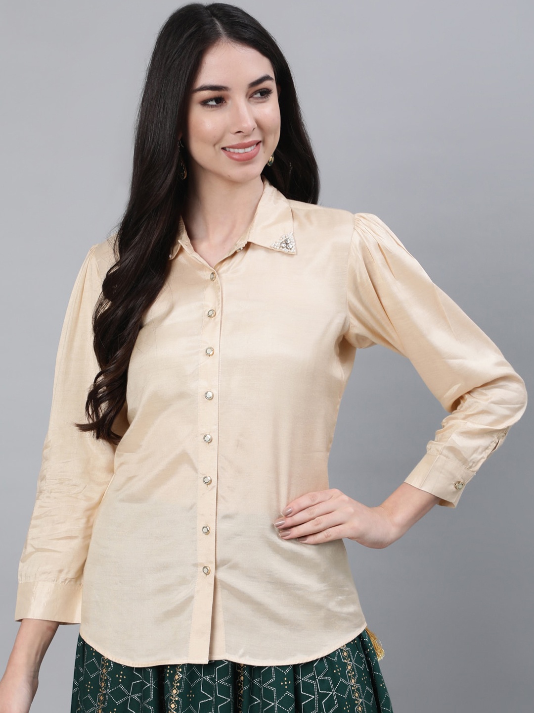 

Jaipur Kurti Women Beige Embellished Party Shirt