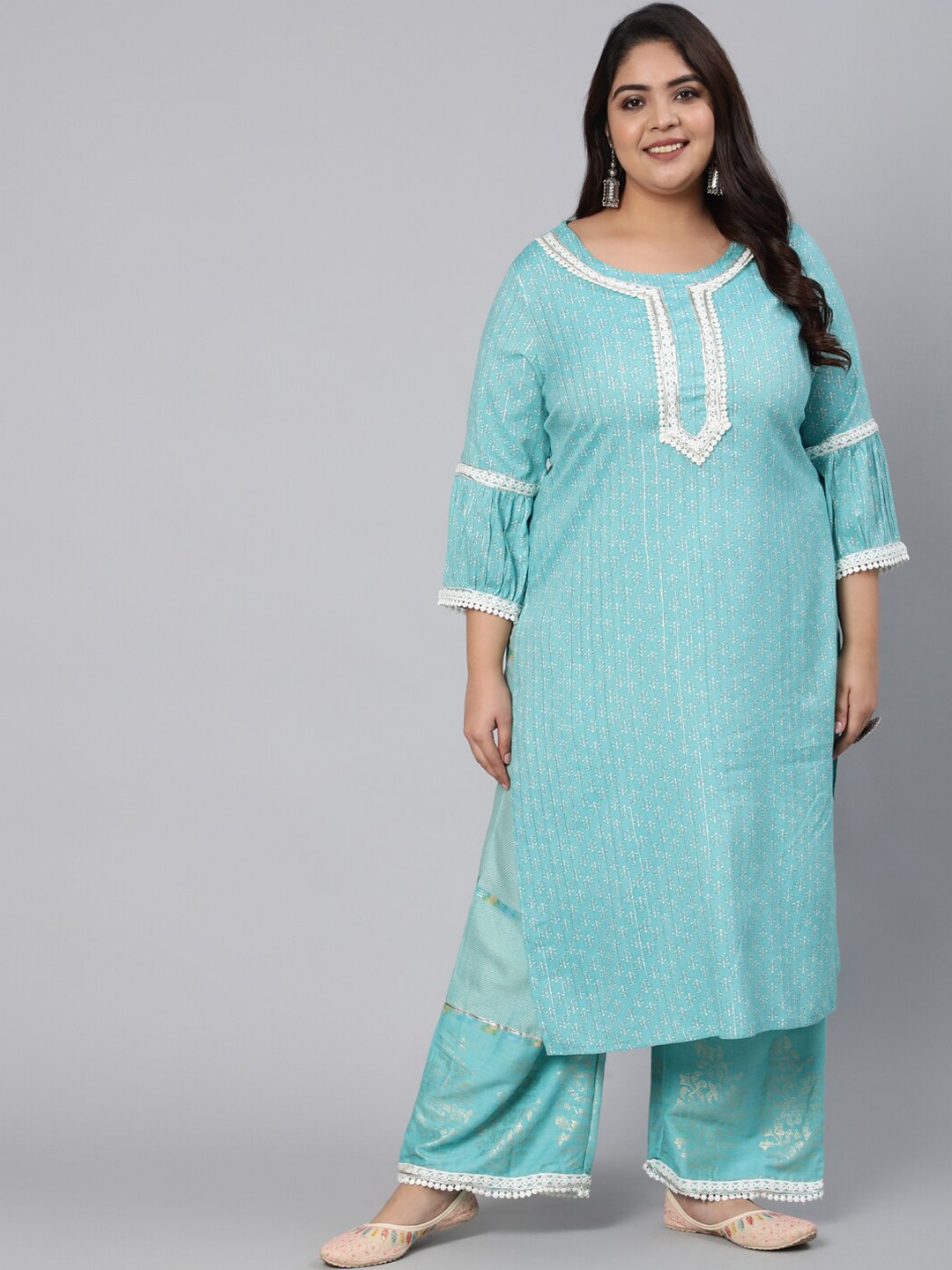 

Jaipur Kurti Women Turquoise Blue Floral Printed Kurta with Palazzos
