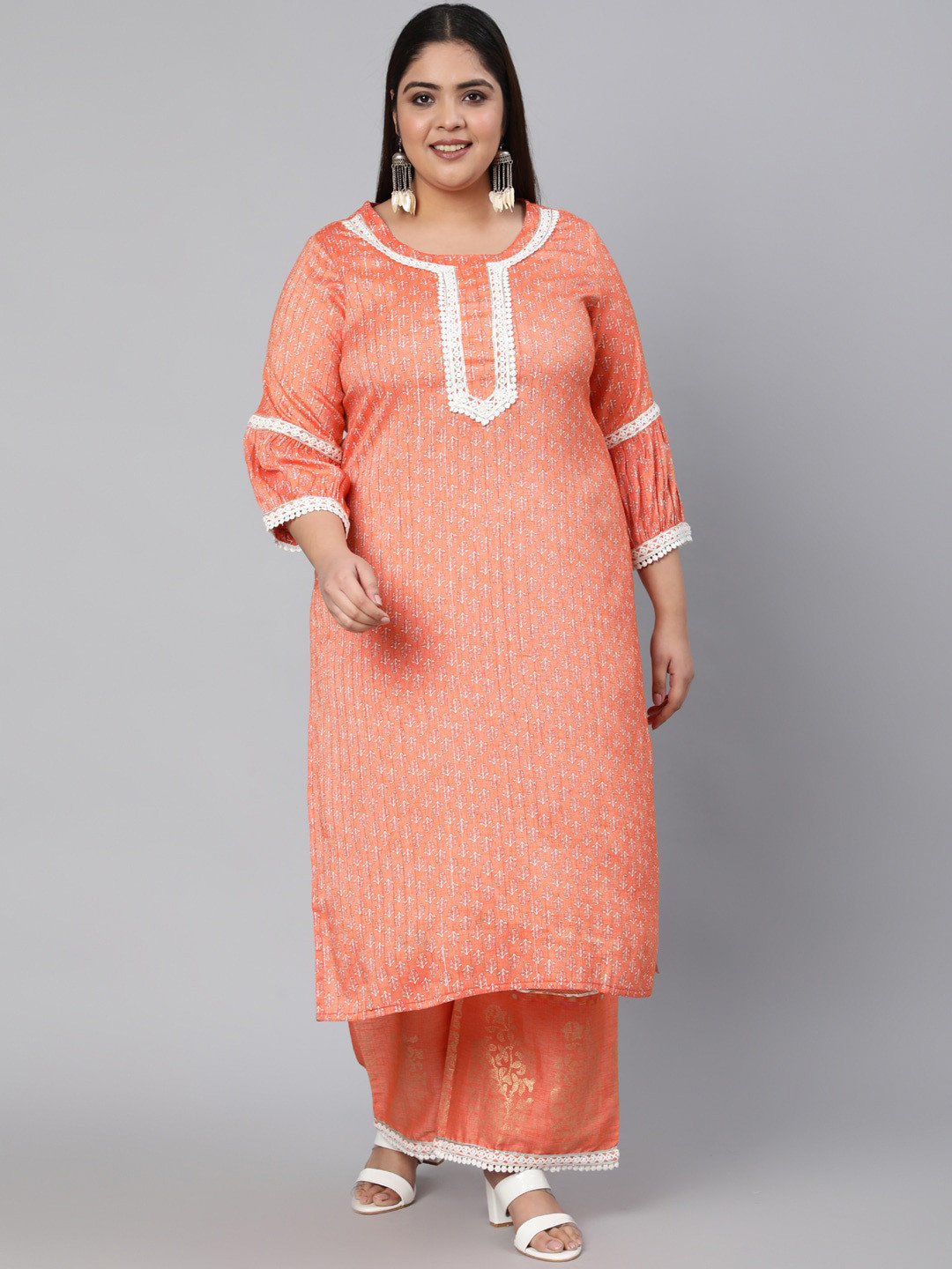 

Jaipur Kurti Plus Size Women Orange Printed Kurta with Palazzos