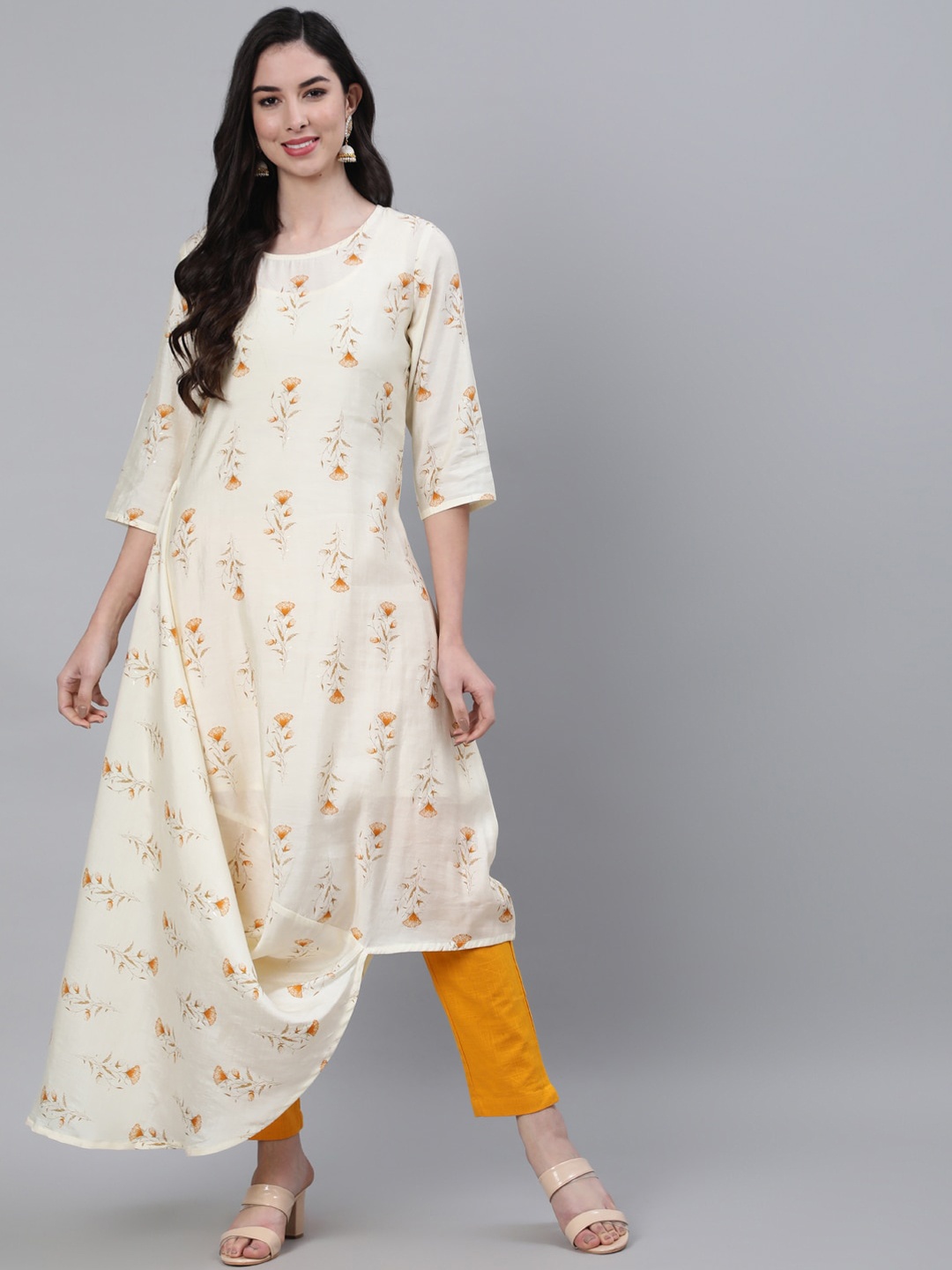 

Jaipur Kurti Women Mustard Yellow Floral Embellished Flared Sleeves Chanderi Silk Chanderi Silk Kurta