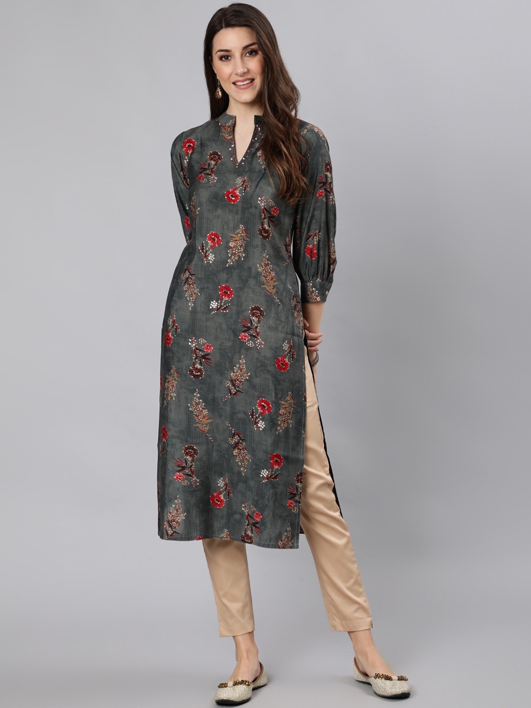 

Jaipur Kurti Women Grey & Red Floral Printed Chanderi Cotton Kurta