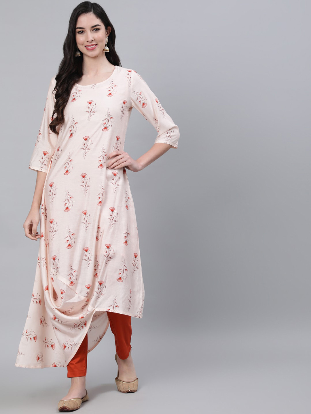 

Jaipur Kurti Women Orange Floral Printed Chanderi Silk Panelled Kurta
