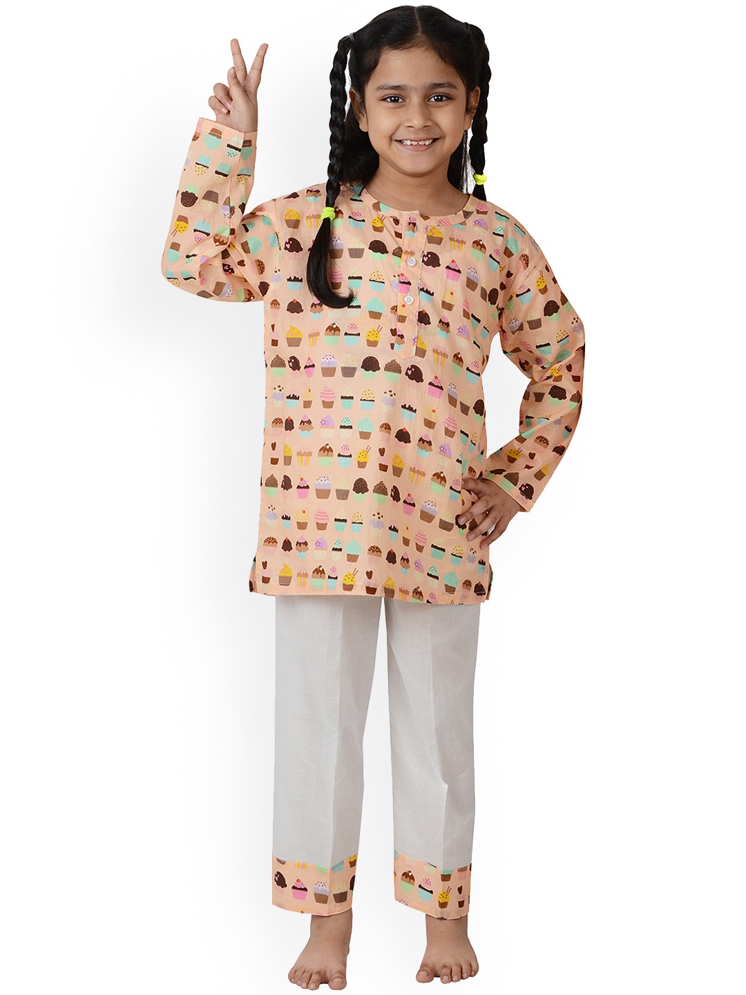 

frangipani Unisex Kids Peach-Coloured & White Printed Pure Cotton Night suits