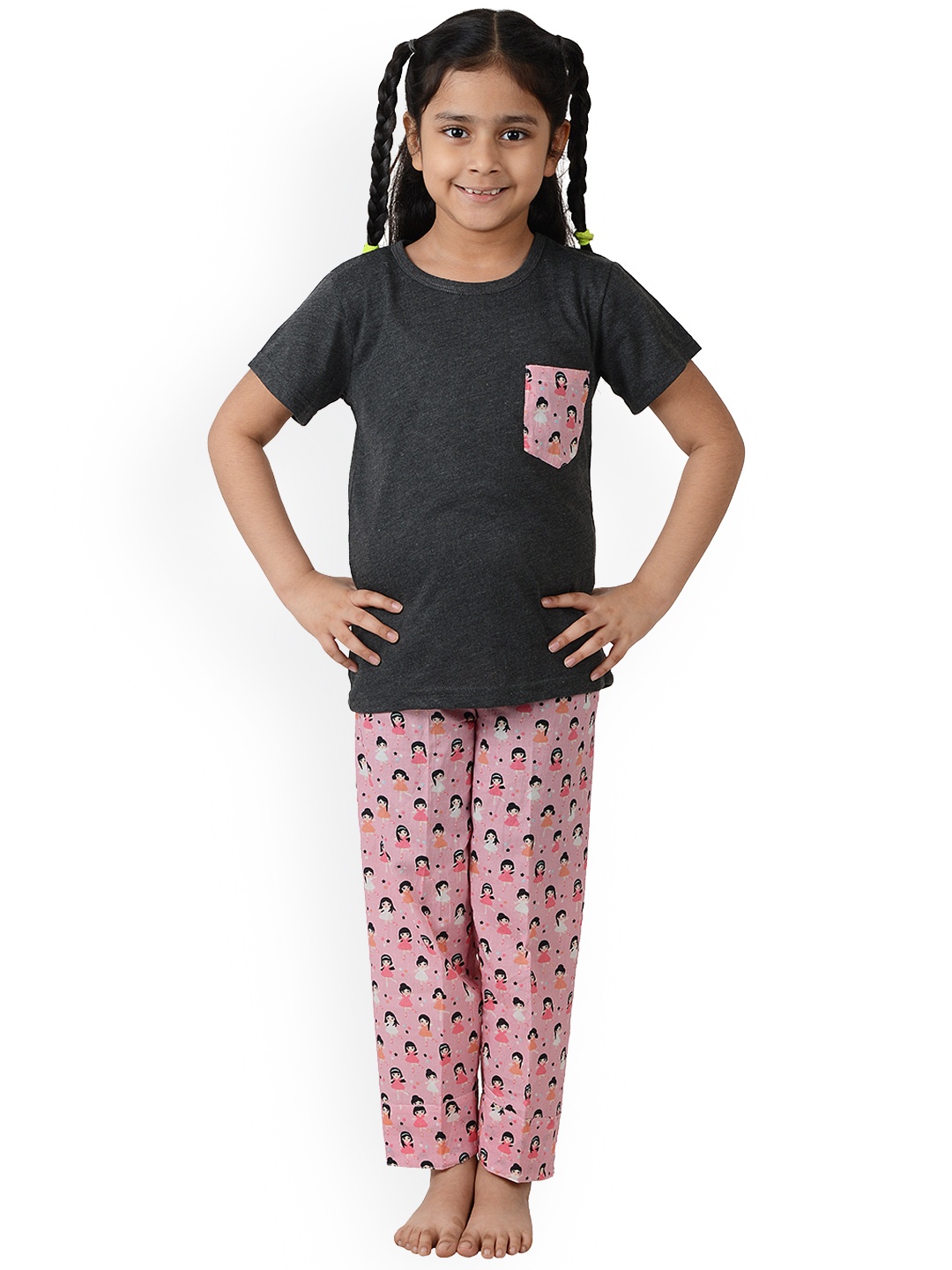 

frangipani Kids Girls Charcoal & Pink Night Suit