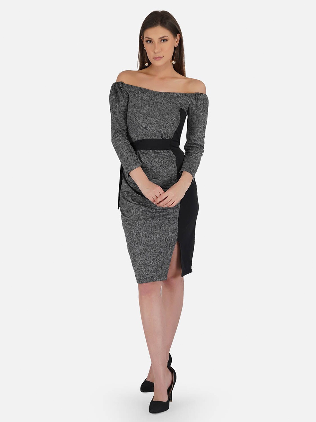 

IMPERATIVE Black & Grey Self Design Off-Shoulder Bodycon Dress