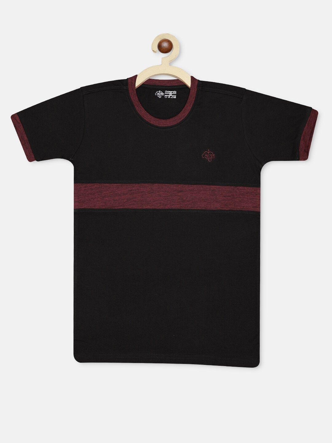 

CHIMPRALA Boys Black & Maroon Striped Cotton Regular Fit T-shirt