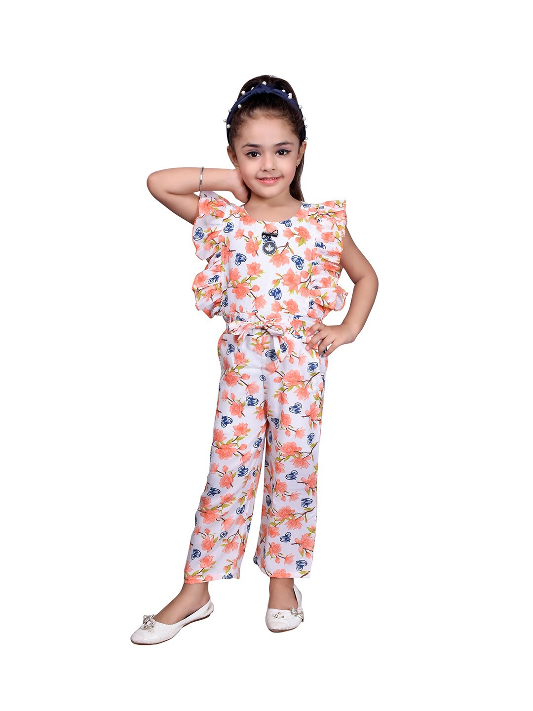 

SKY HEIGHTS Girls White & Orange Printed Basic Jumpsuit with Ruffles