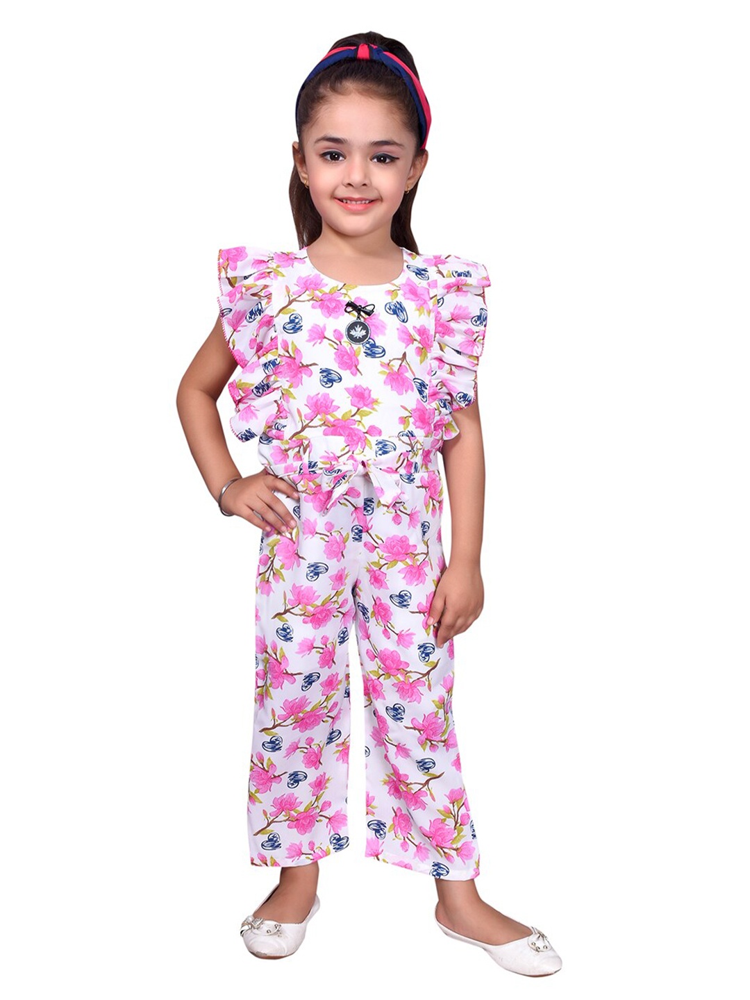 

SKY HEIGHTS Girls Pink & White Printed Basic Jumpsuit with Ruffles