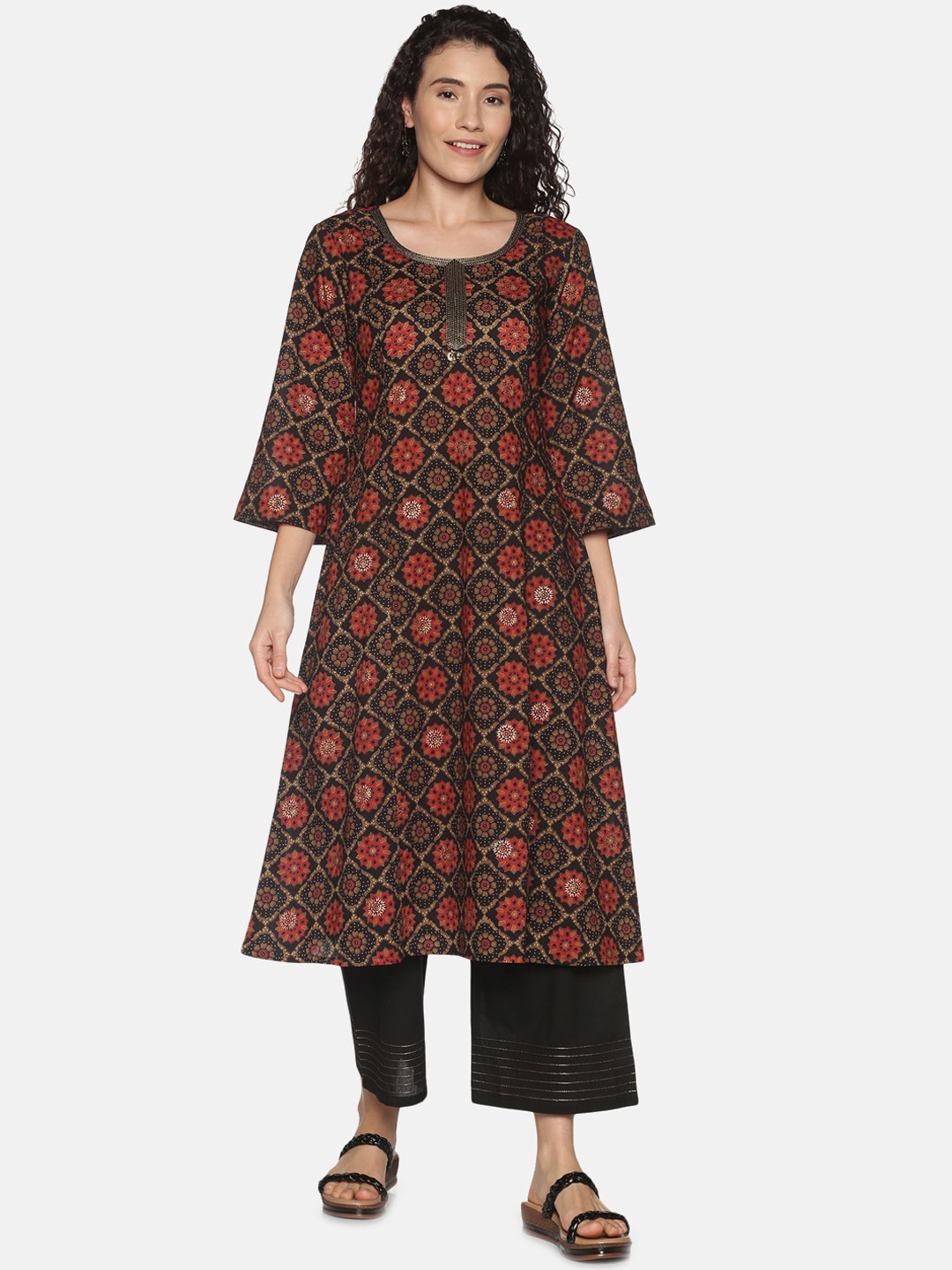 

Saffron Threads Women Black Ethnic Motifs Printed Flared Sleeves Thread Work Cotton Kurta