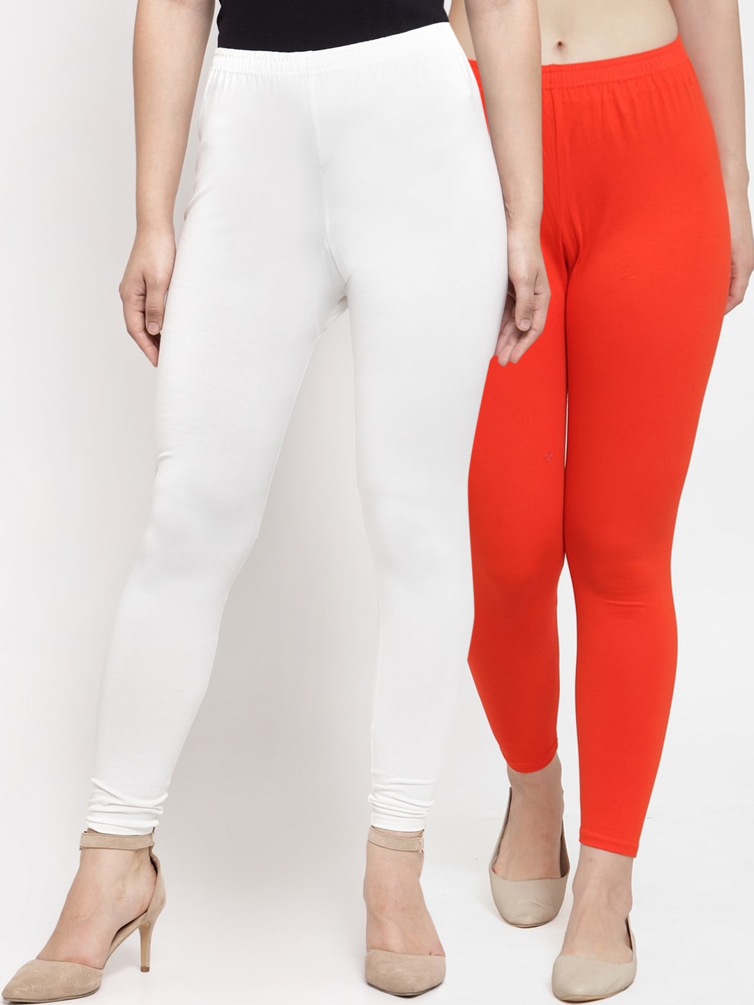 

Jinfo Women White & Orange Pack Of 2 Solid Ankle-Length Leggings