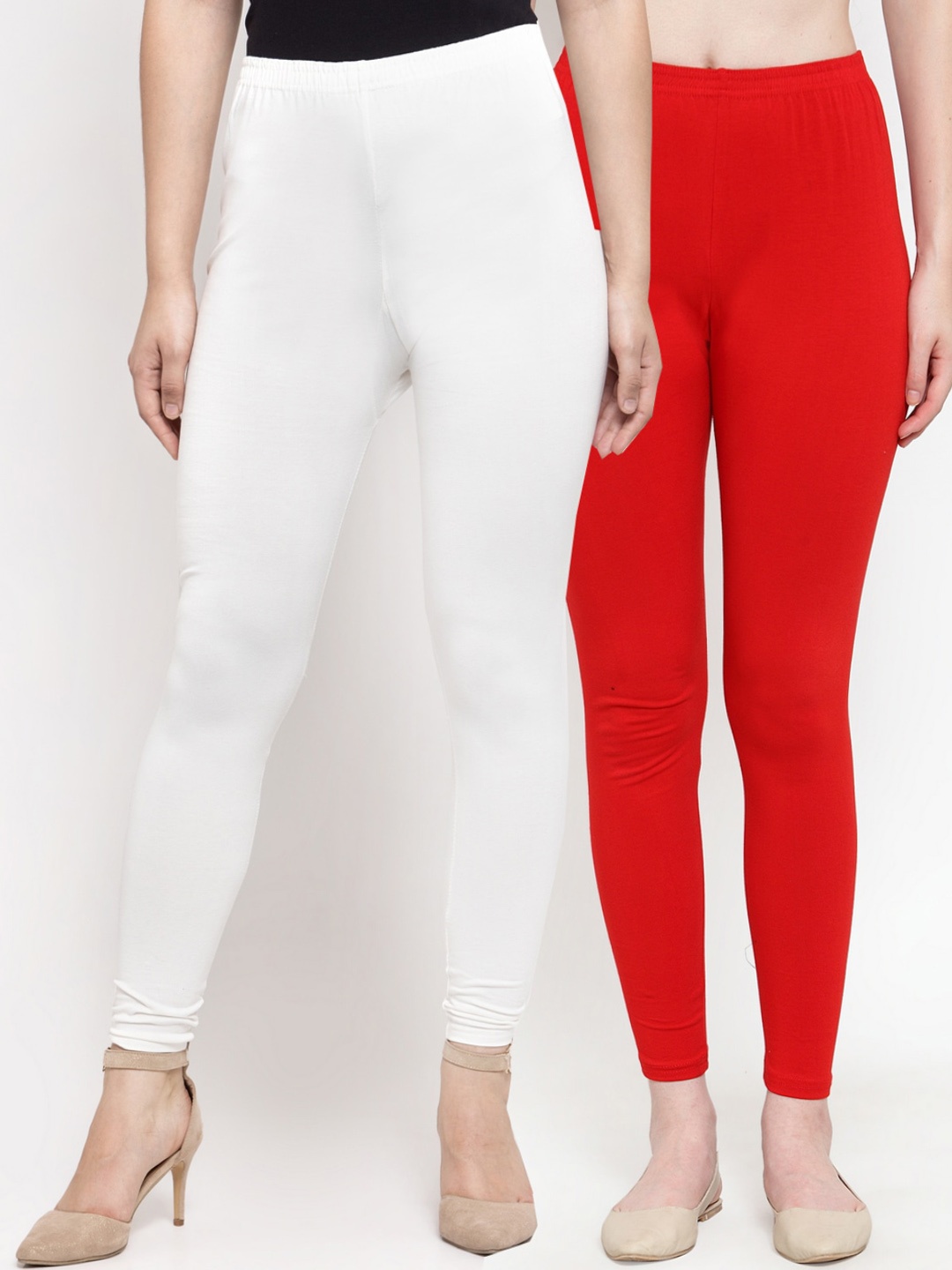 

Jinfo Women White & Red Pack Of 2 Solid Ankle-Length Leggings