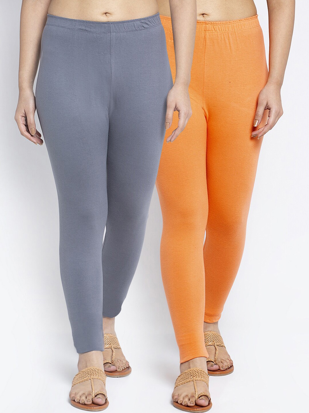 

Jinfo Women Grey & Orange Pack Of 2 Solid Ankle-Length Leggings