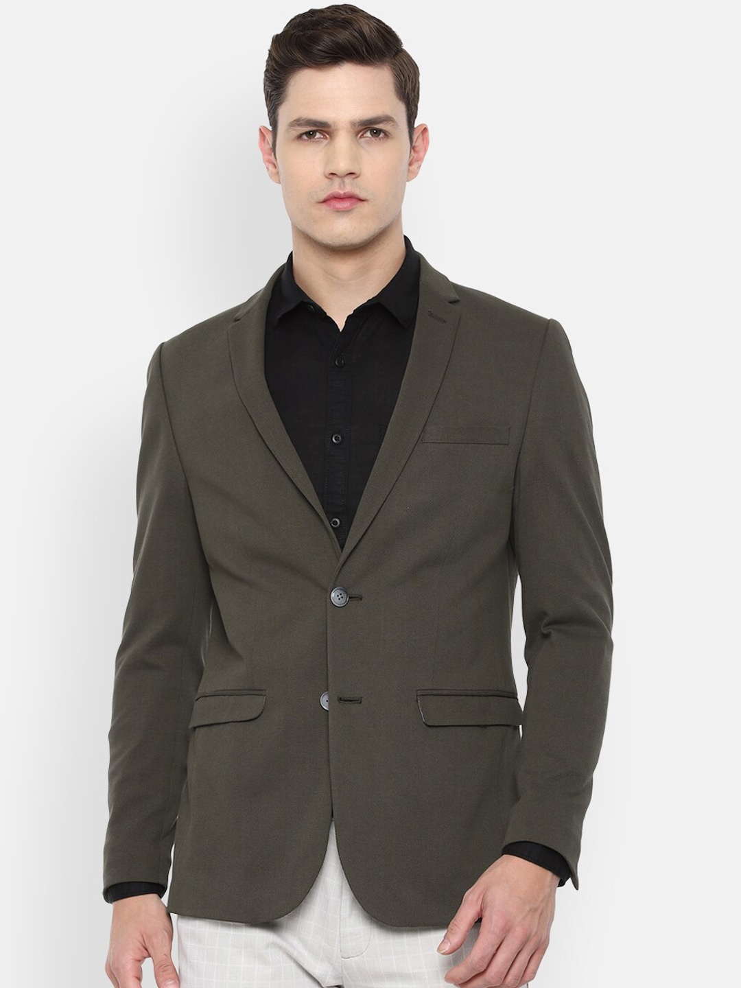 

Louis Philippe Sport Men Olive Green Single-Breasted Slim-Fit Pure Cotton Formal Blazer