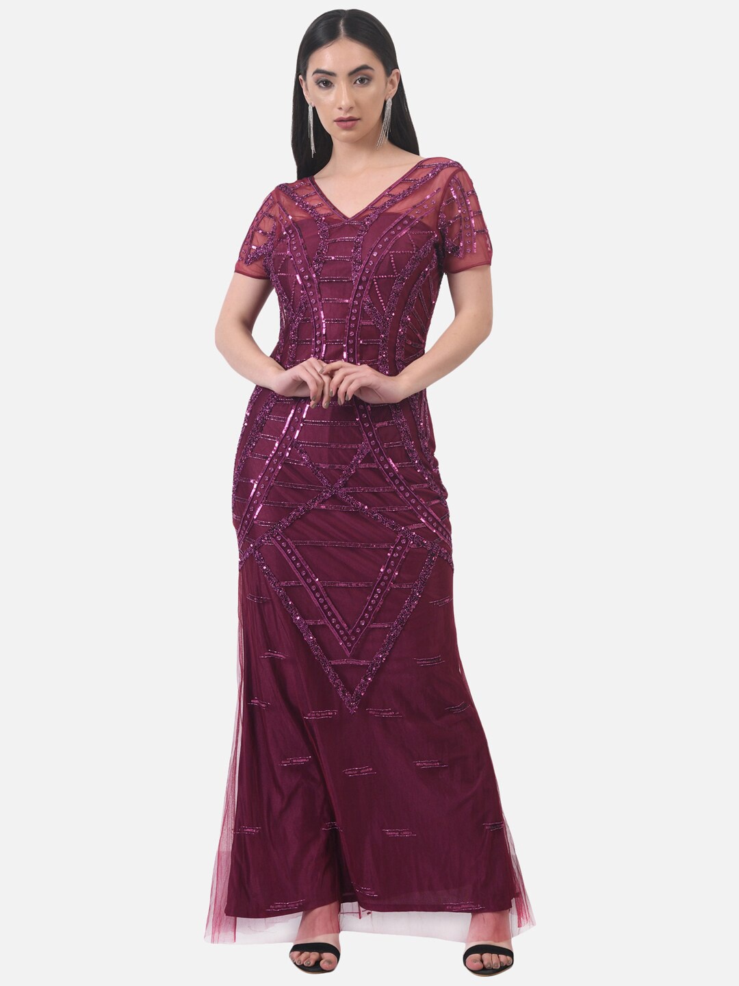 

ATTIC SALT Burgundy Embellished Maxi Dress