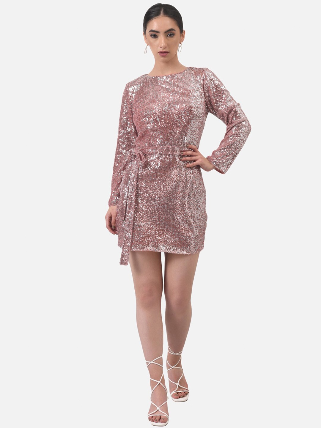 

ATTIC SALT Pink & Silver-Toned Embellished Satin Sheath Dress