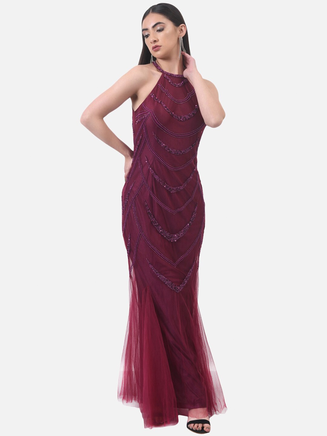 

ATTIC SALT Red Embellished Halter Neck Maxi Dress