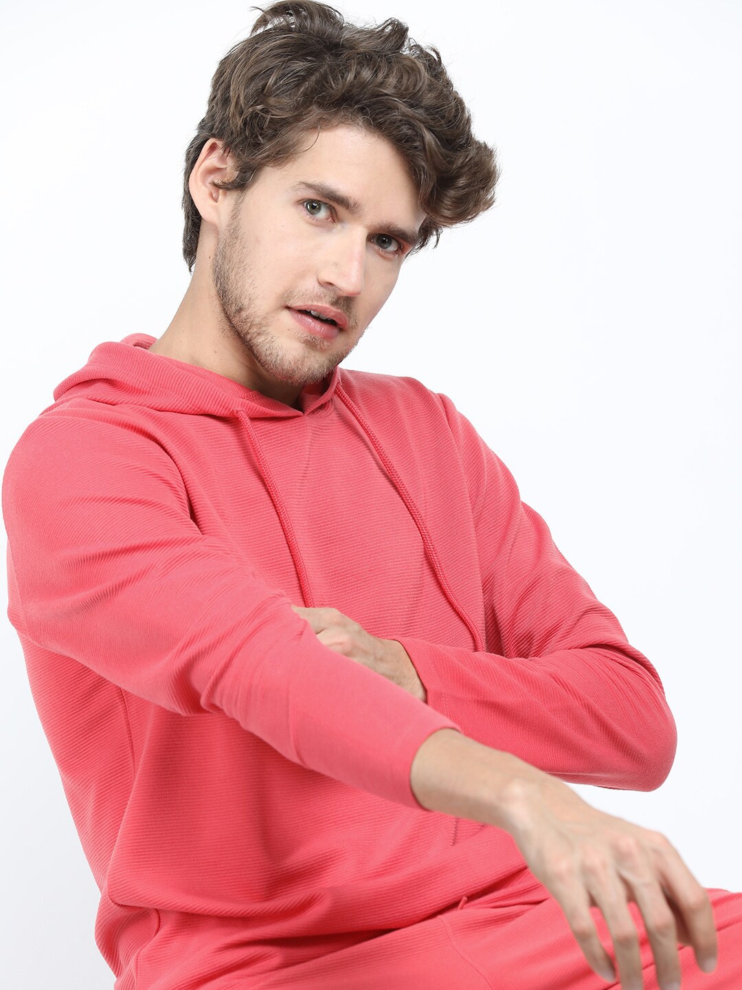 

HIGHLANDER Men Coral Red Blue Regular Fit Structured Hooded T-shirt