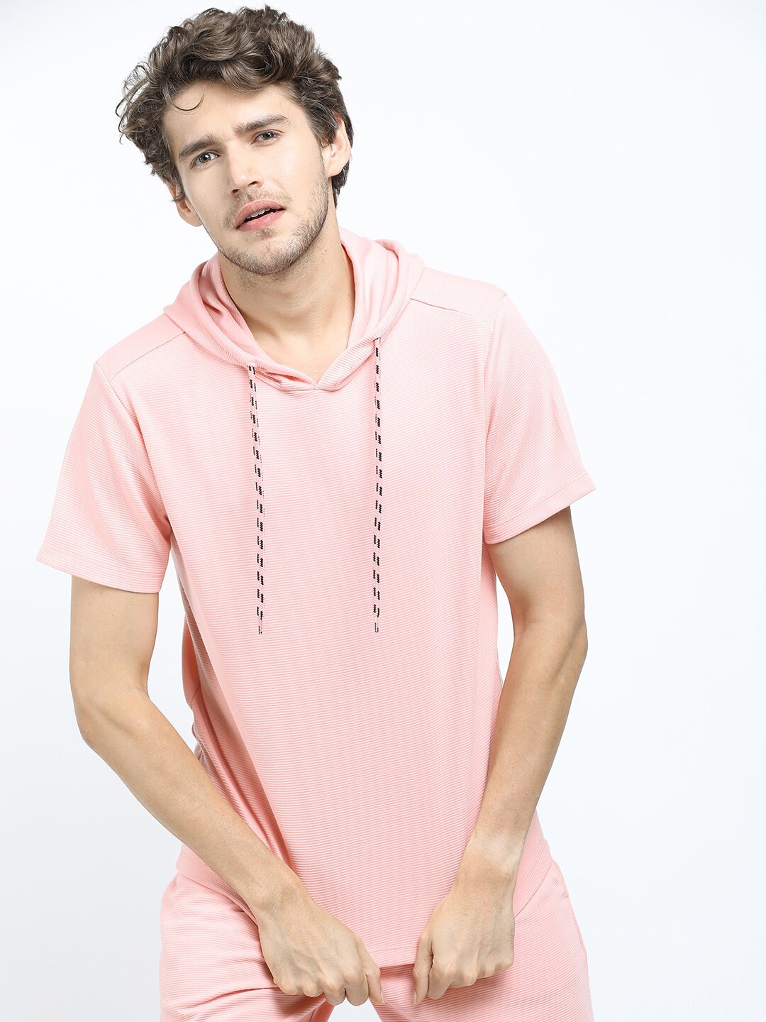 

HIGHLANDER Men Pink Regular Fit Structured Hooded T-shirt