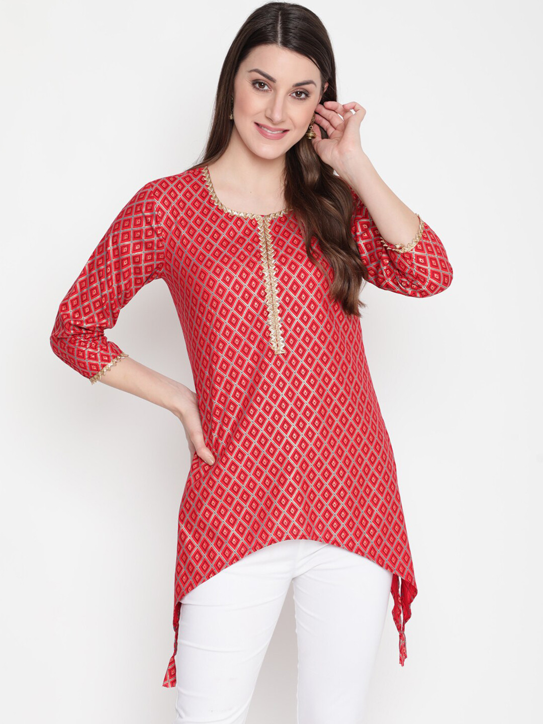 

AKIMIA Red & Gold-Toned Geometric Printed Gotta Patti Pure Cotton Kurti
