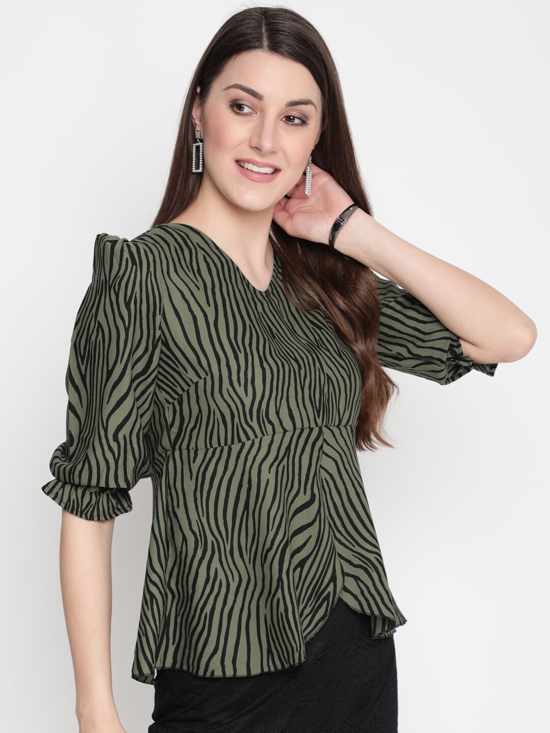 

AKIMIA Women Green & Black Animal Print V-neck Crepe Peplum Top