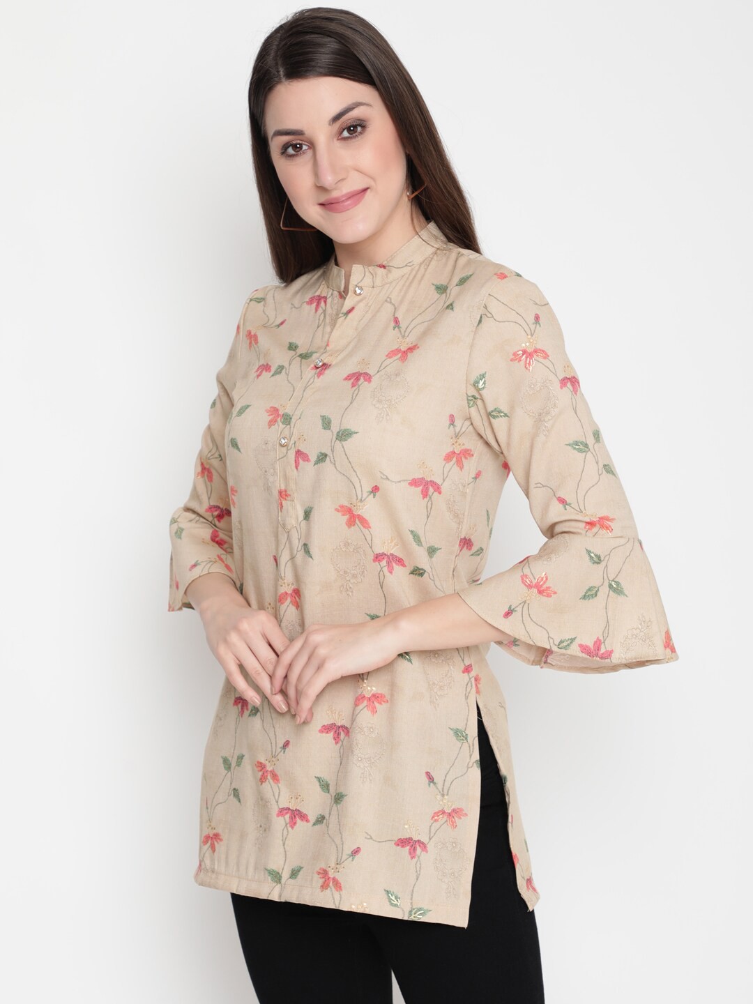 

AKIMIA Beige & Pink Floral Printed Pure Cotton Kurti
