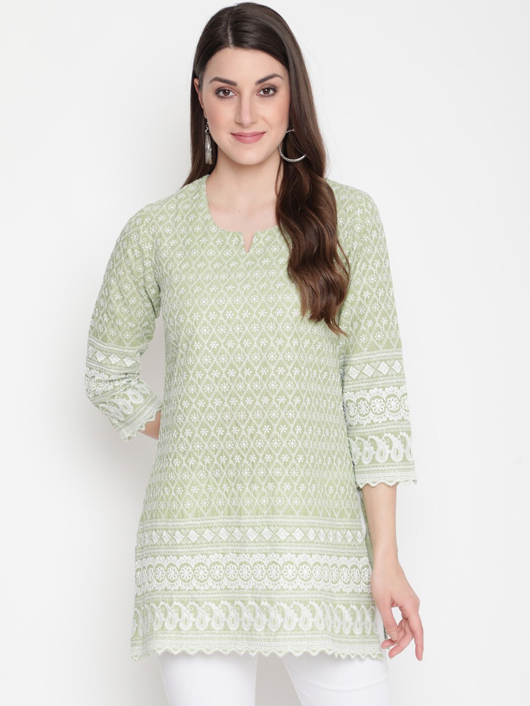 

AKIMIA Sea Green & White Ethnic Motifs Embroidered Chikankari Pure Cotton Kurti