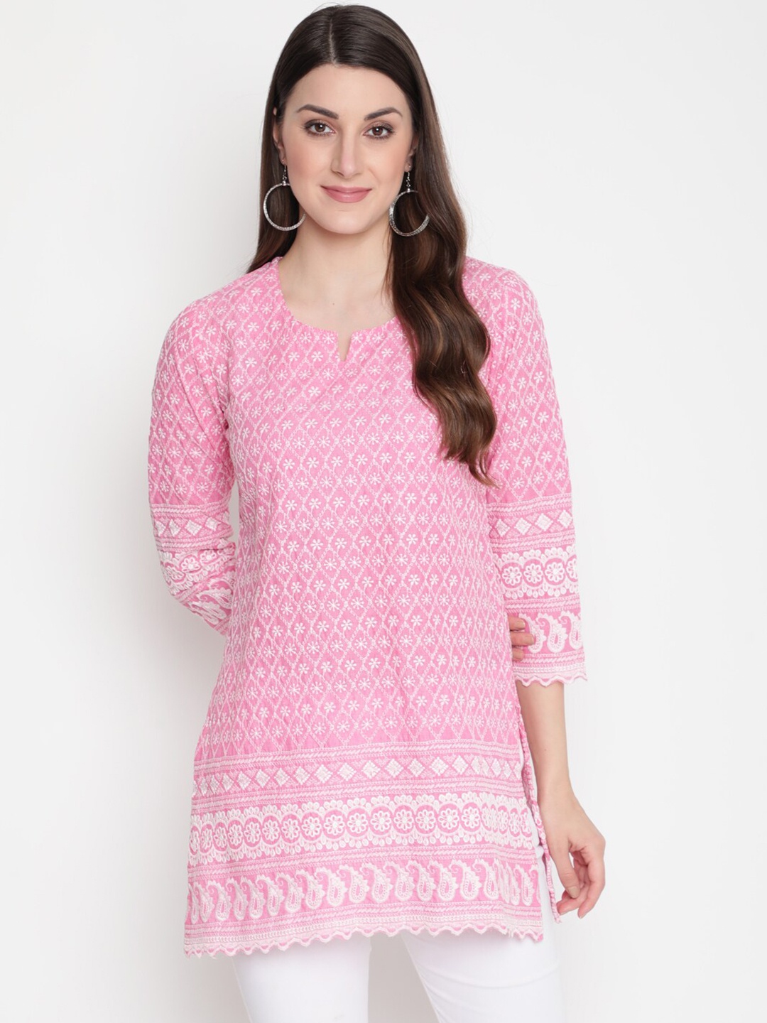 

AKIMIA Pink & White Ethnic Motifs Embroidered Chikankari Pure Cotton Kurti