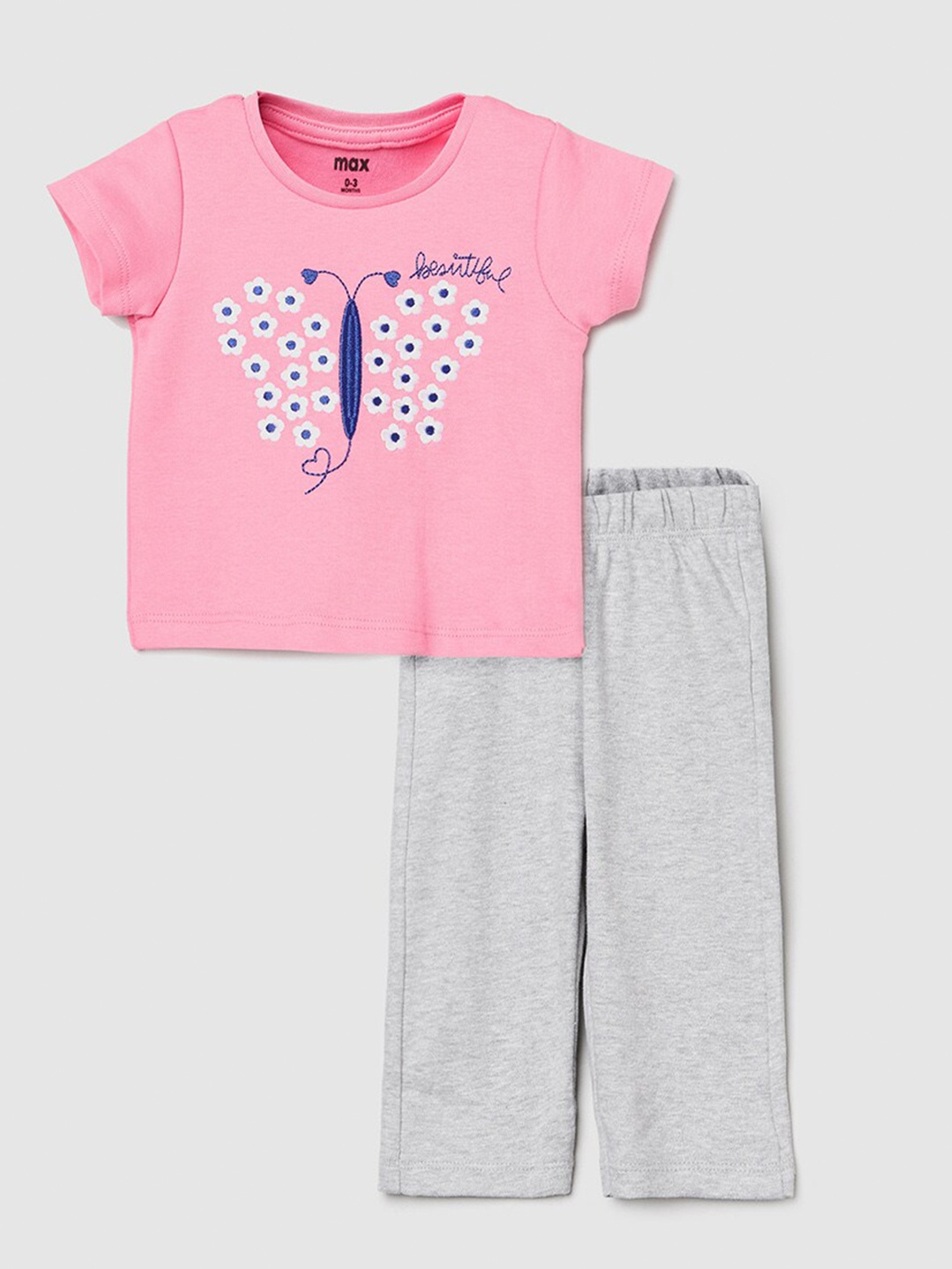 

max Girls Pink & Grey Cotton T-shirt with Trousers