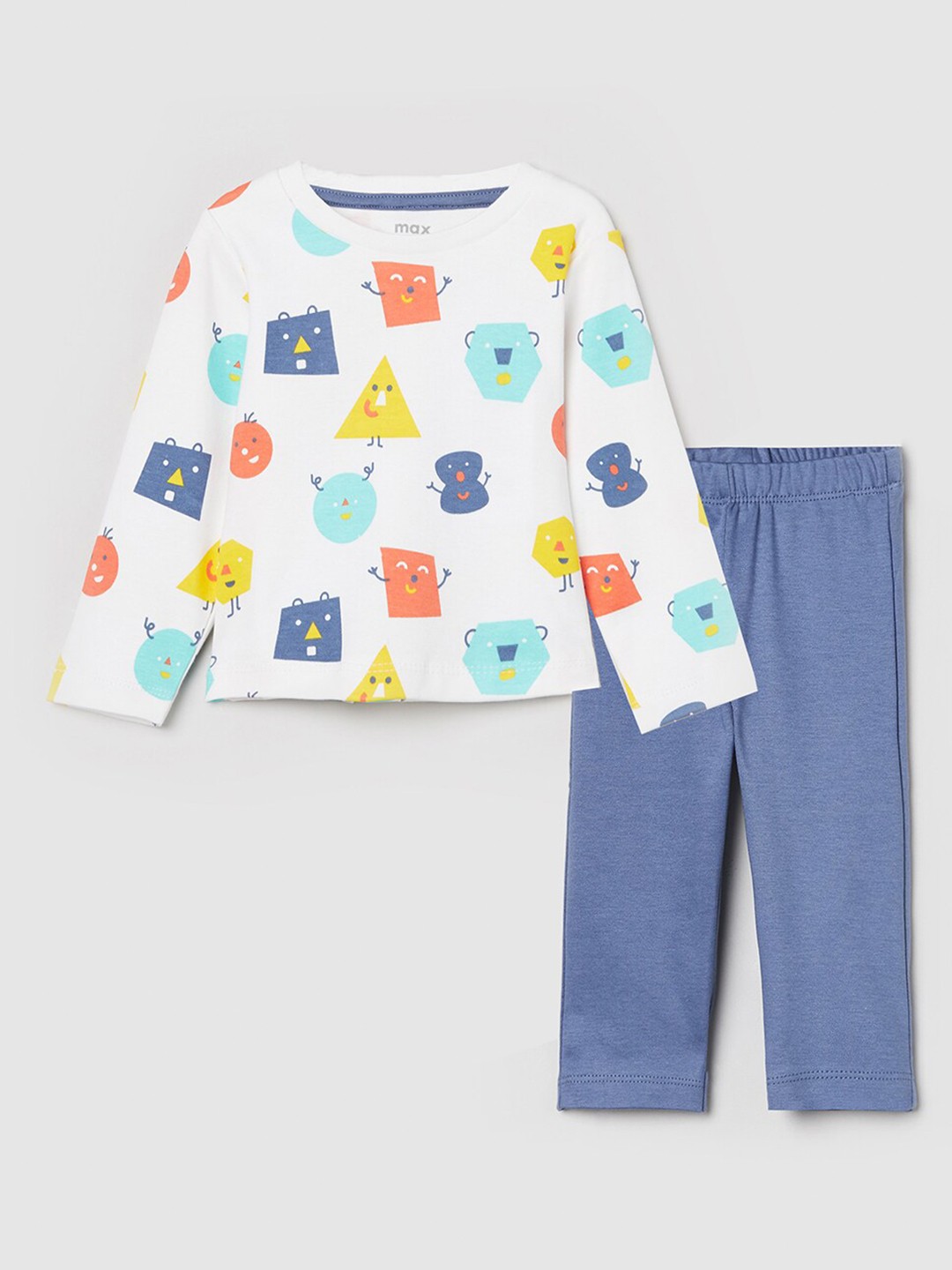 

max Boys White & Blue Printed Pure Cotton T Shirt with Pyjamas